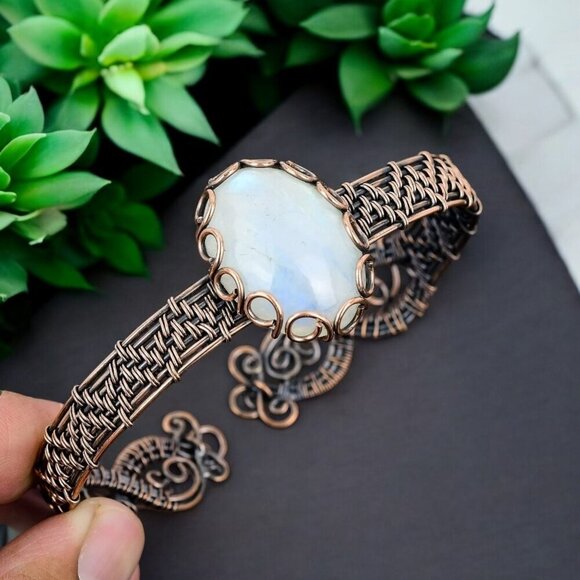 Rainbow Moonstone ✦ Copper Cuff Bracelet ✦ Adjustable Oval Stone Healing NWT - Picture 9 of 13